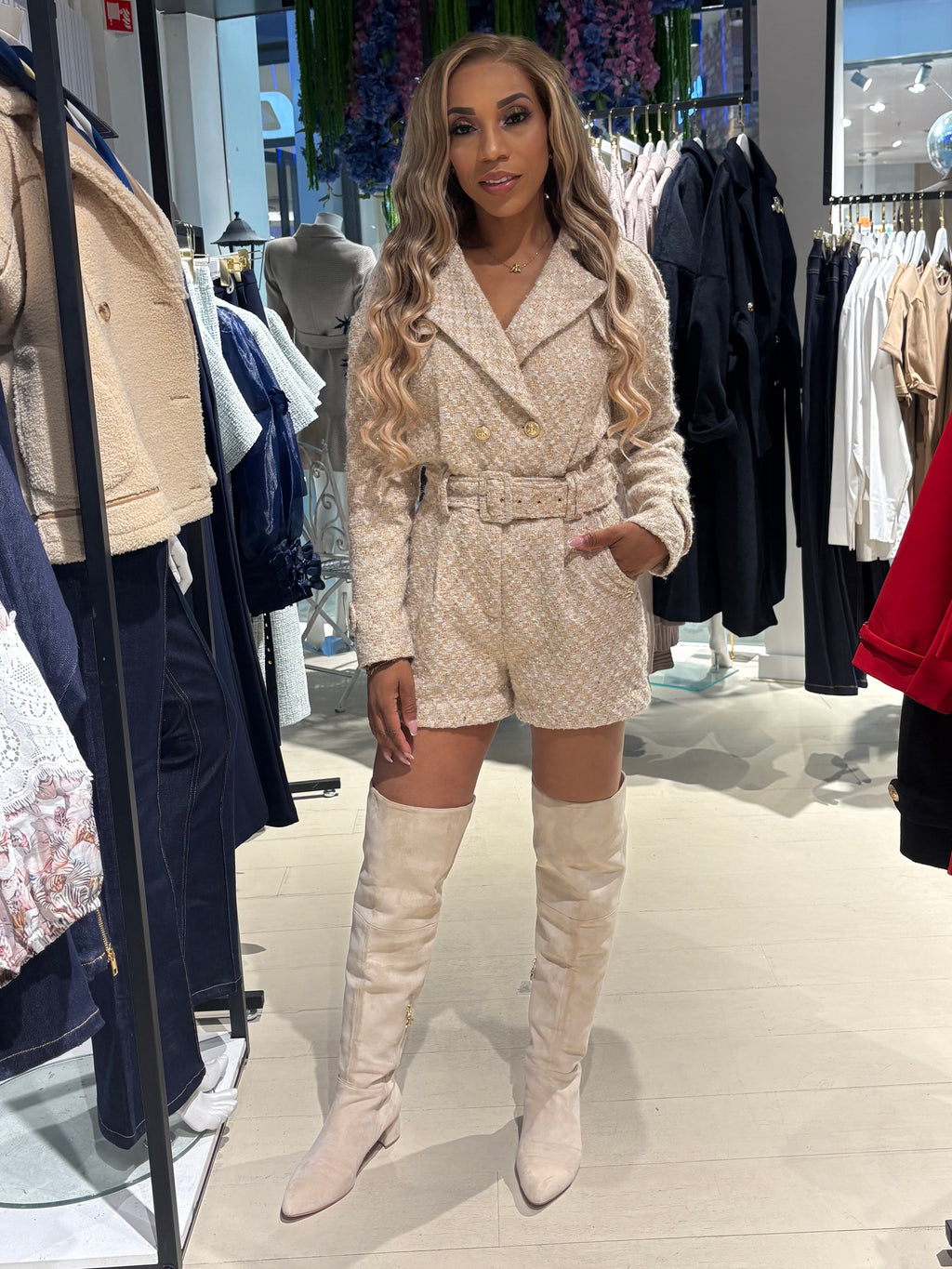Nectarina Bouclé Playsuit – Beige/Offwhite
