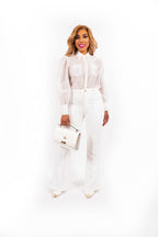 Vireth Organza Blouse Dames Met Parel Details en Lange Mouwen