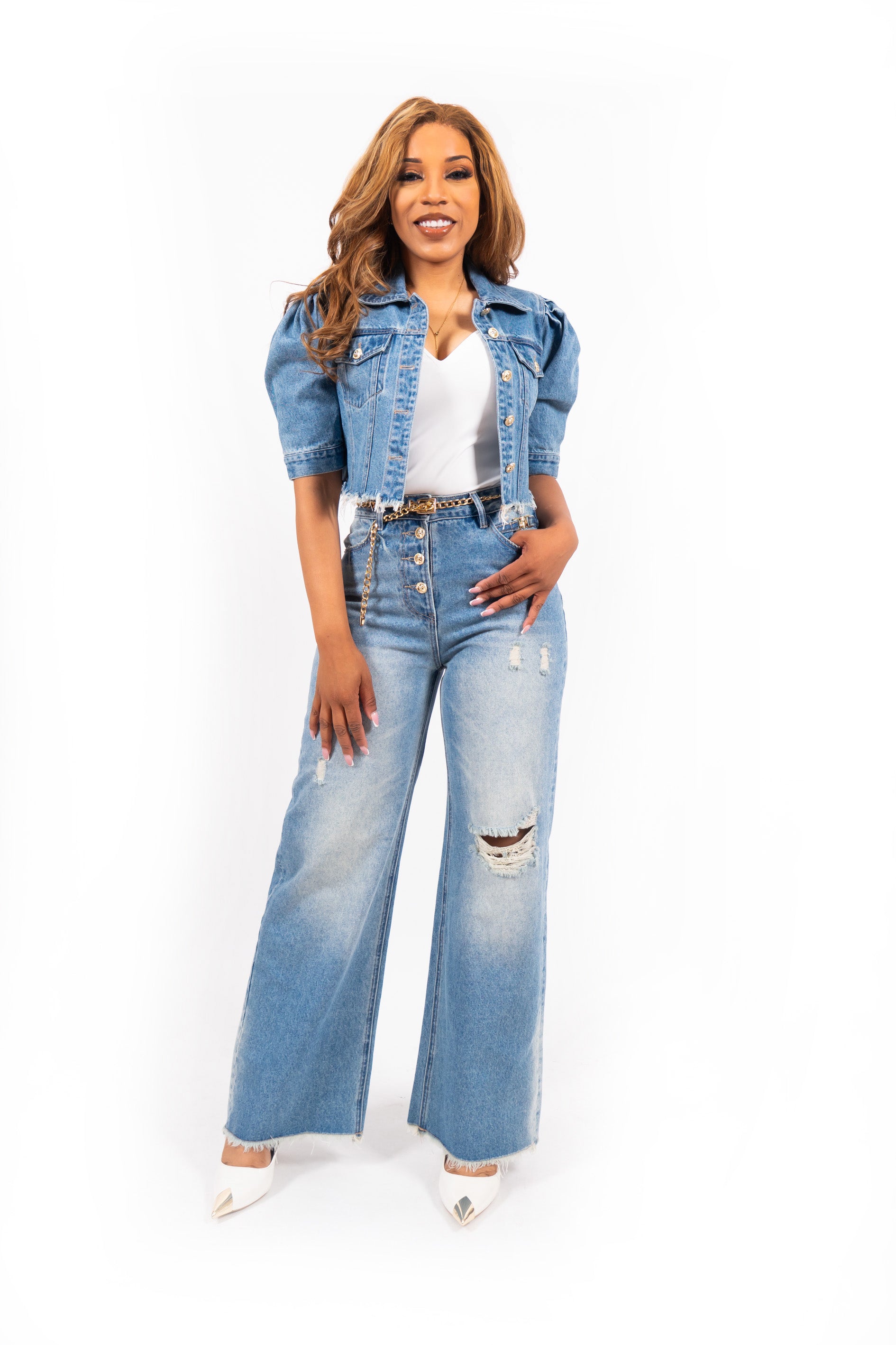Lumora Ripped Denim Wide Leg Jeans Lichtblauw High Waist