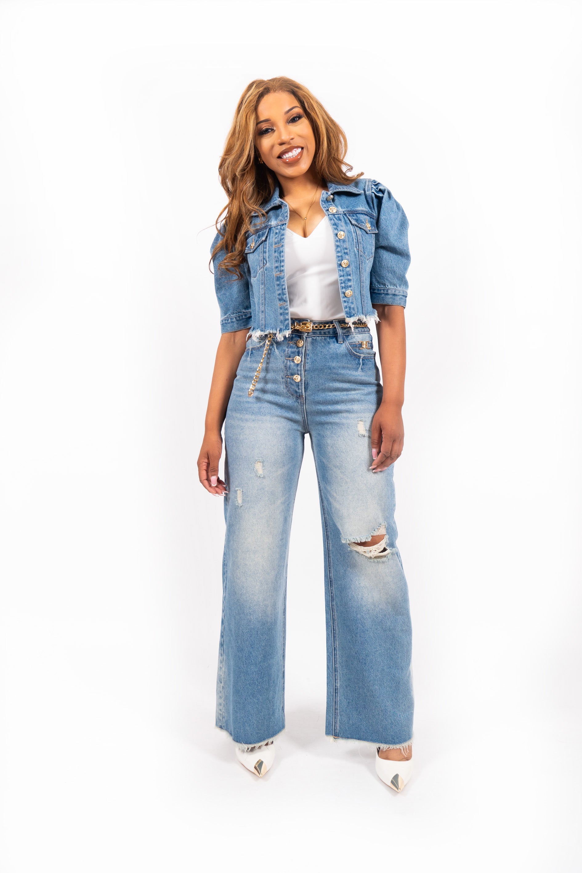 Lumora Ripped Denim Wide Leg Jeans Lichtblauw High Waist