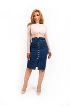 Nela Denim Rok Stretch Dames High Waist met gouden Knopen