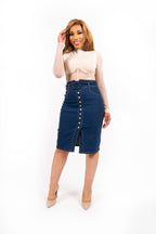Nela Denim Rok Stretch Dames High Waist met gouden Knopen