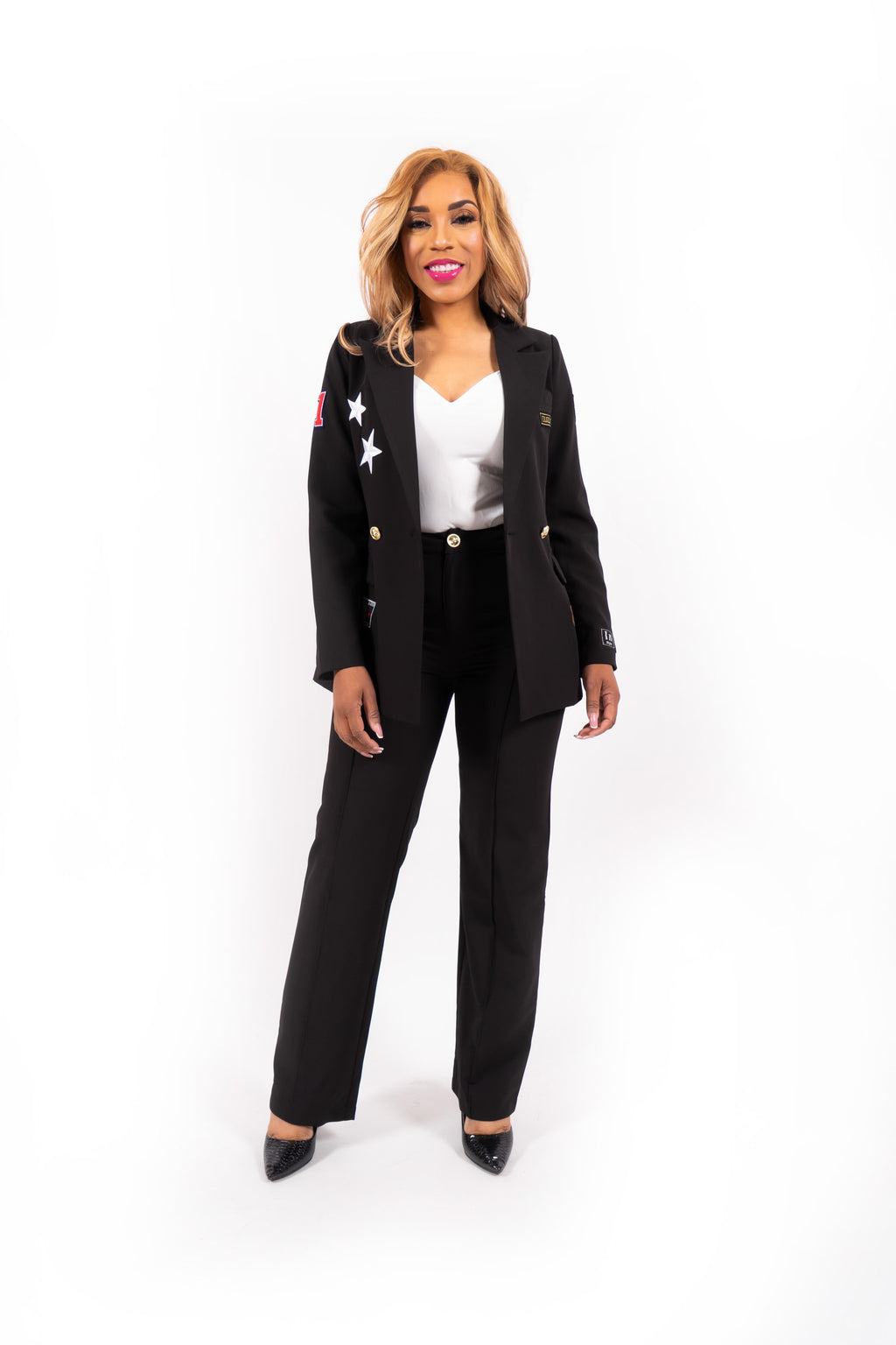 Mae Blazer en Brianna Pantalon Zwart Dames 2-Delige Set met Gouden Details