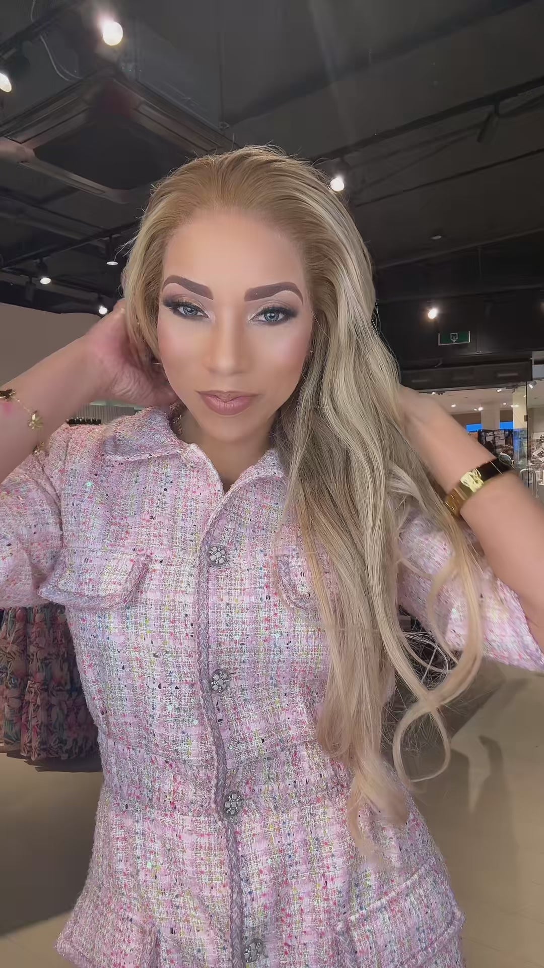 Meliora Bouclé Jurk Roze Dames Met Knopen en Tailleband